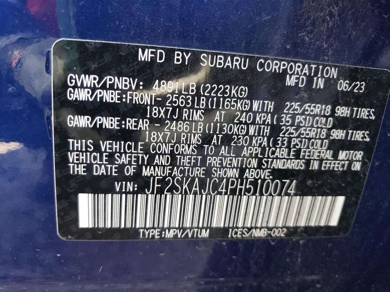 2023 SUBARU FORESTER SPORT VIN:JF2SKAJC4PH510074