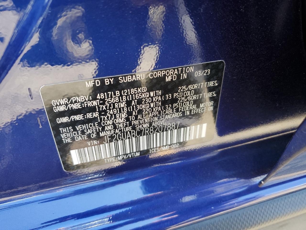 2024 SUBARU CROSSTREK VIN:JF2GUABC7R8207887