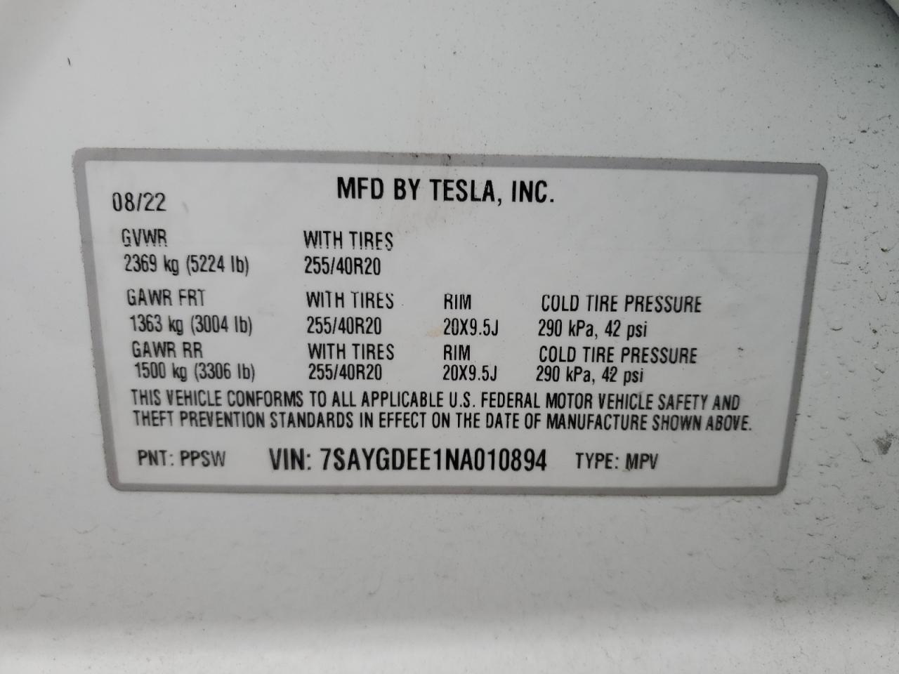 2022 TESLA MODEL Y VIN:7SAYGDEE1NA010894