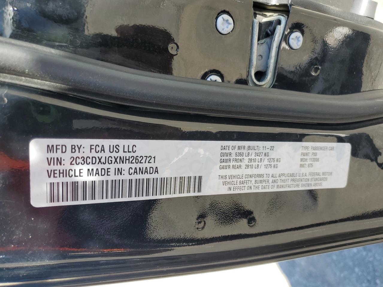 2022 DODGE CHARGER SXT VIN:2C3CDXJGXNH262721