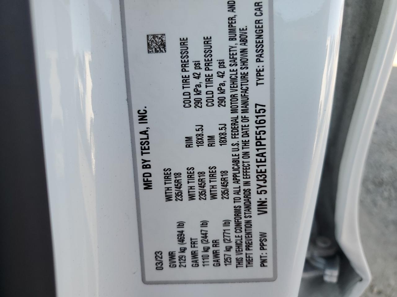 2023 TESLA MODEL 3 VIN:5YJ3E1EA1PF516157