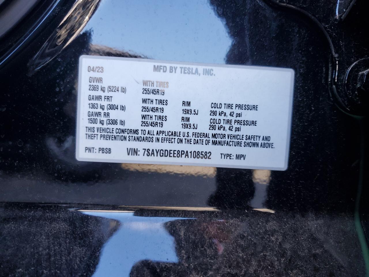 2023 TESLA MODEL Y VIN:7SAYGDEE8PA108582