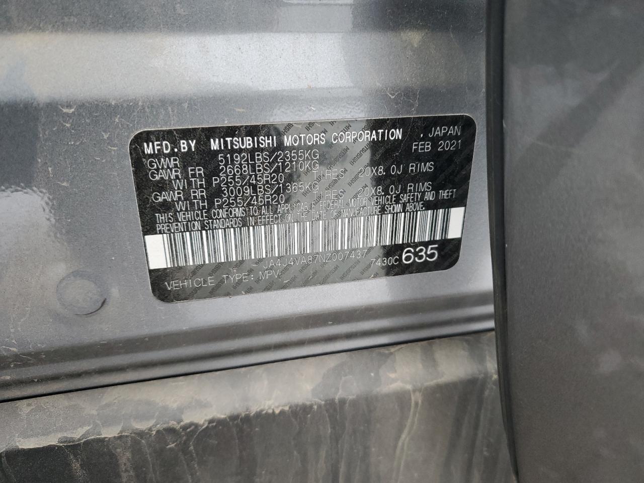 2022 MITSUBISHI OUTLANDER SEL VIN:JA4J4VA87NZ007437