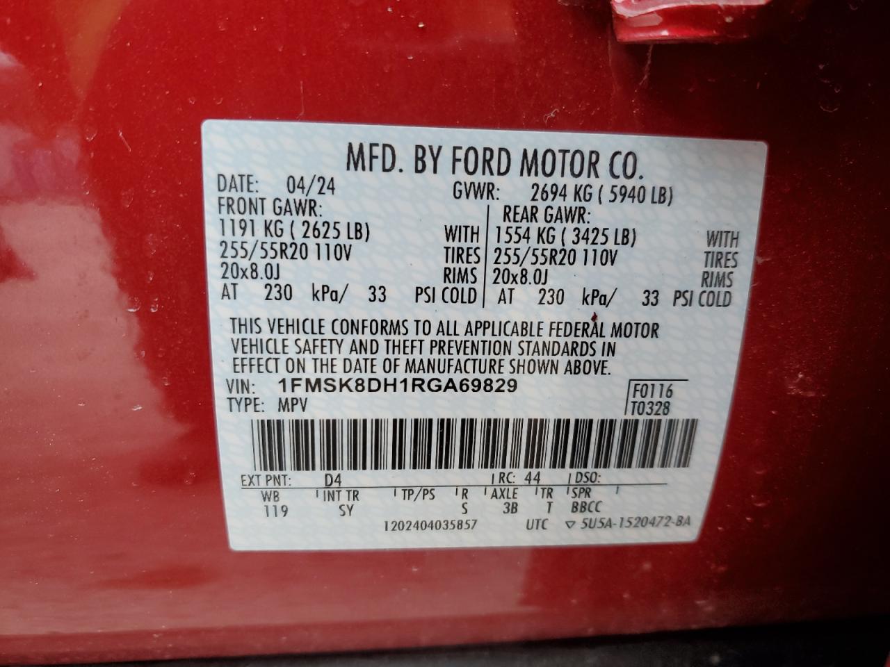 2024 FORD EXPLORER XLT VIN:1FMSK8DH1RGA69829