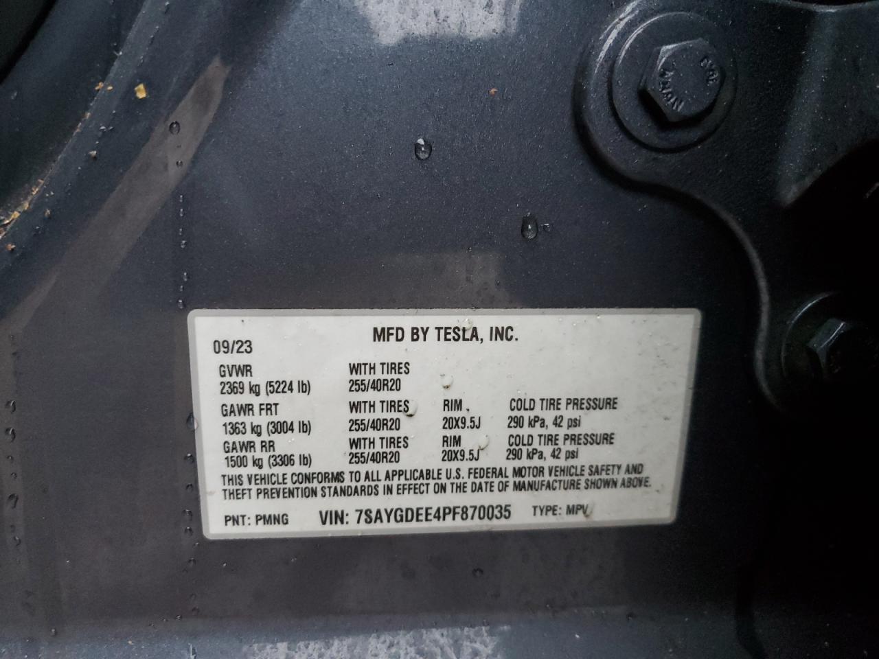 2023 TESLA MODEL Y VIN:7SAYGDEE4PF870035