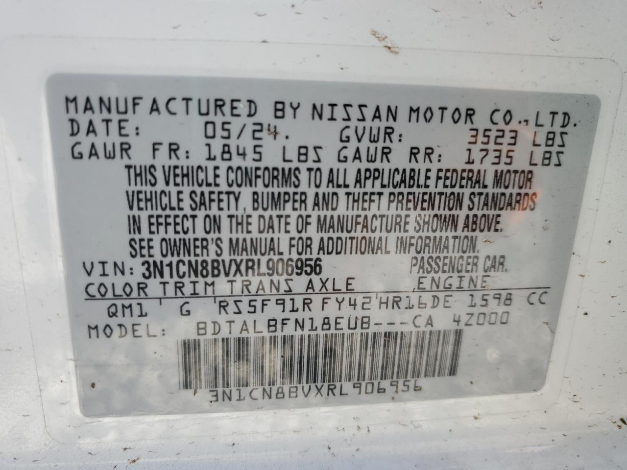 2024 NISSAN VERSA S VIN:3N1CN8BVXRL906956