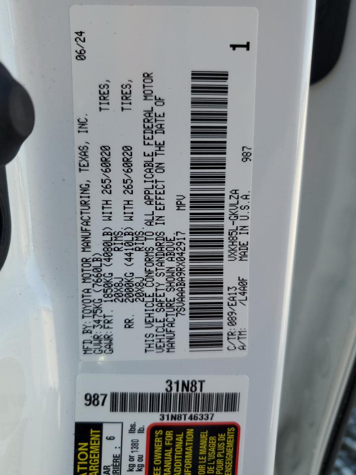 2024 TOYOTA SEQUOIA SR5 VIN:7SVAAABA9RX042917