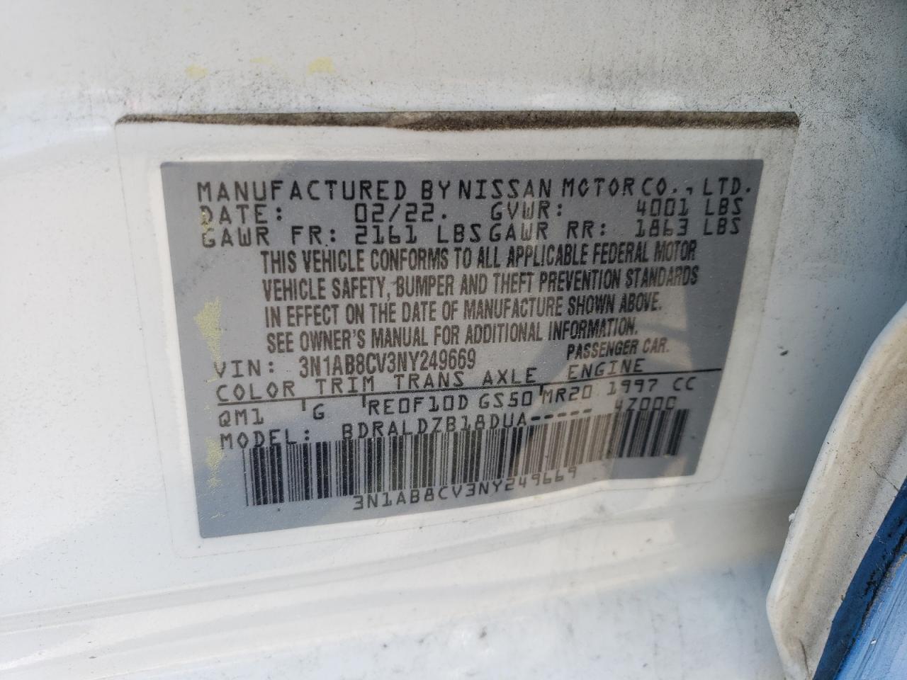 2022 NISSAN SENTRA SV VIN:3N1AB8CV3NY249669