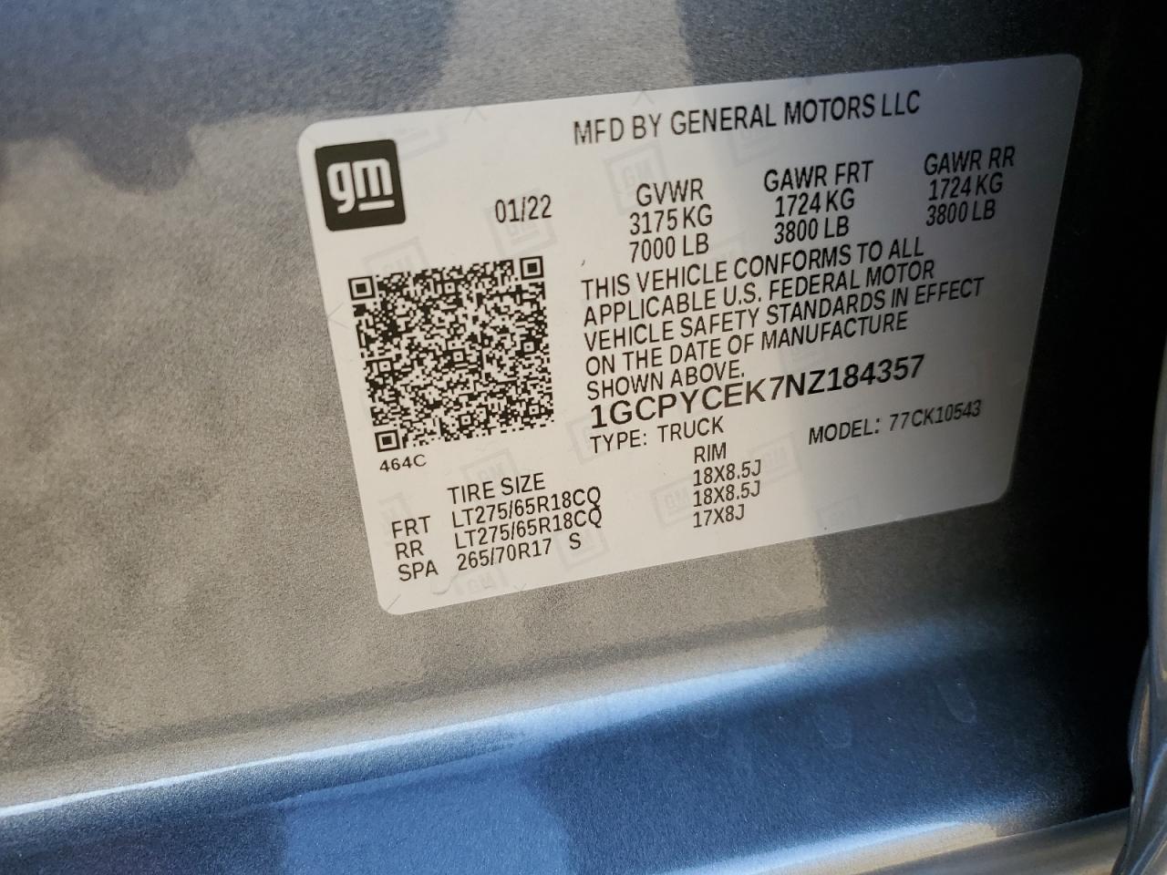 2022 CHEVROLET SILVERADO LTD K1500 TRAIL BOSS CUSTOM VIN:1GCPYCEK7NZ184357