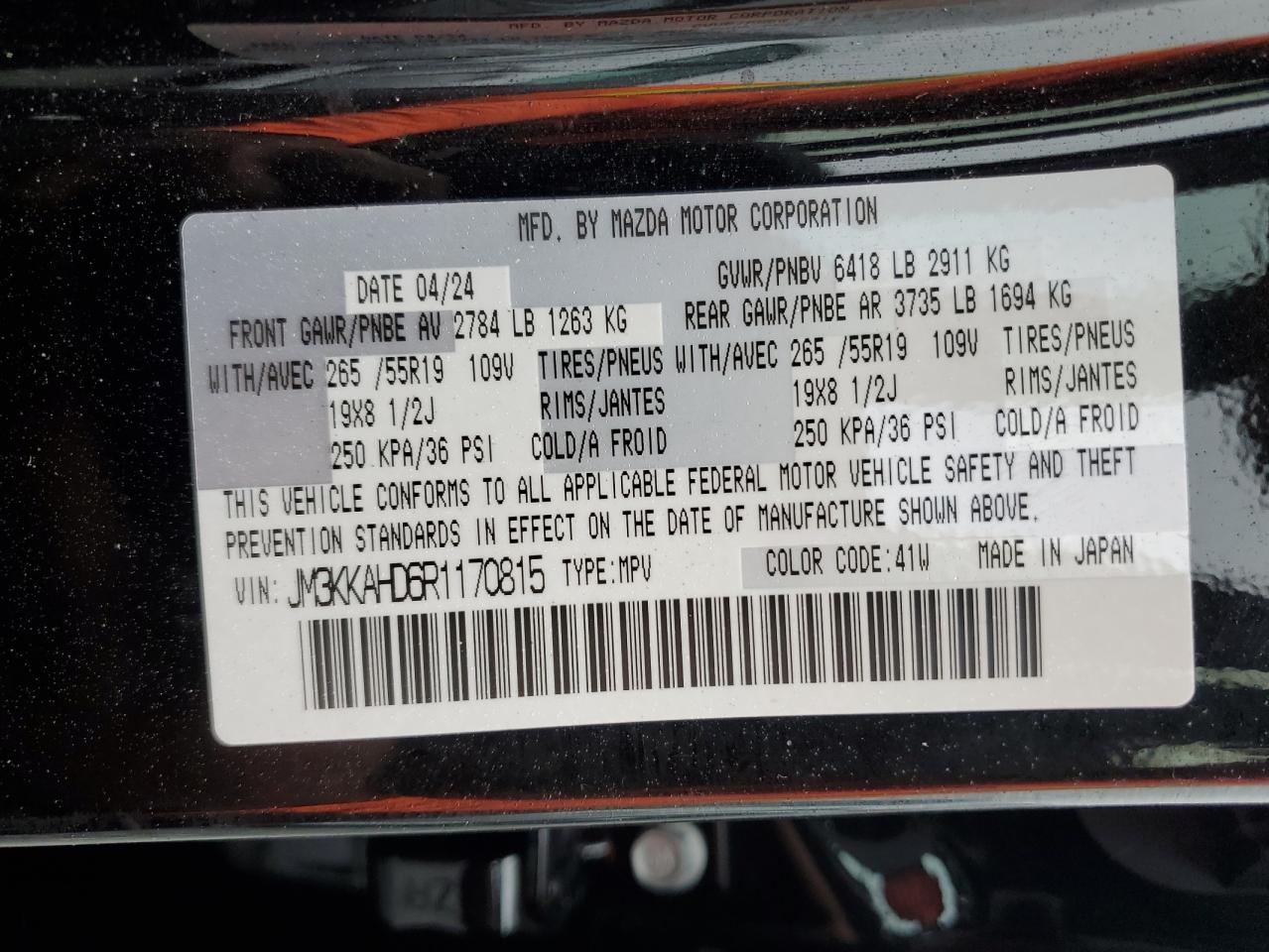 2024 MAZDA CX-90 SELECT VIN:JM3KKAHD6R1170815