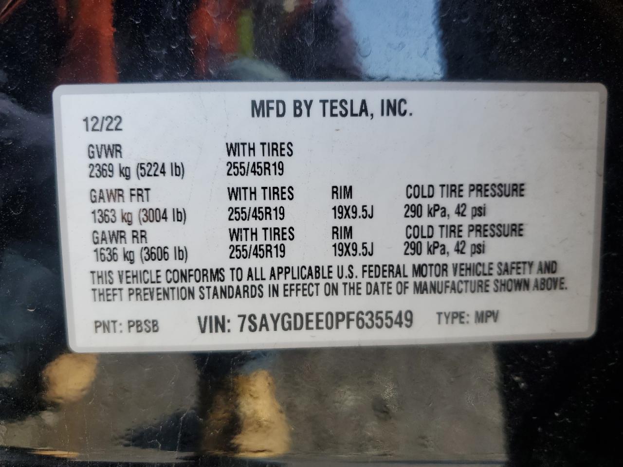 2023 TESLA MODEL Y VIN:7SAYGDEE0PF635549