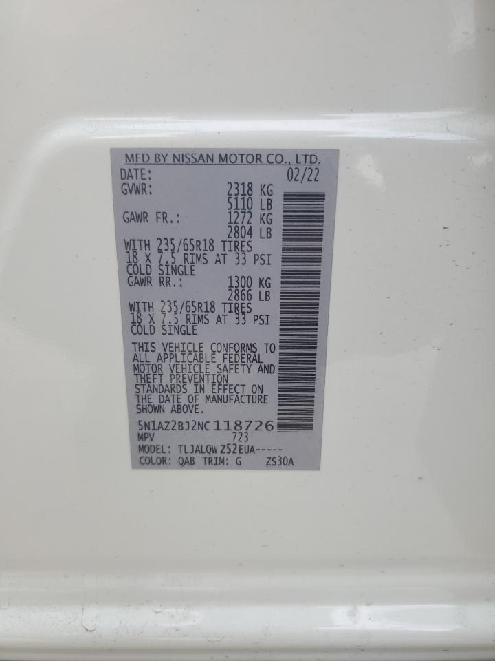 2022 NISSAN MURANO SV VIN:5N1AZ2BJ2NC118726