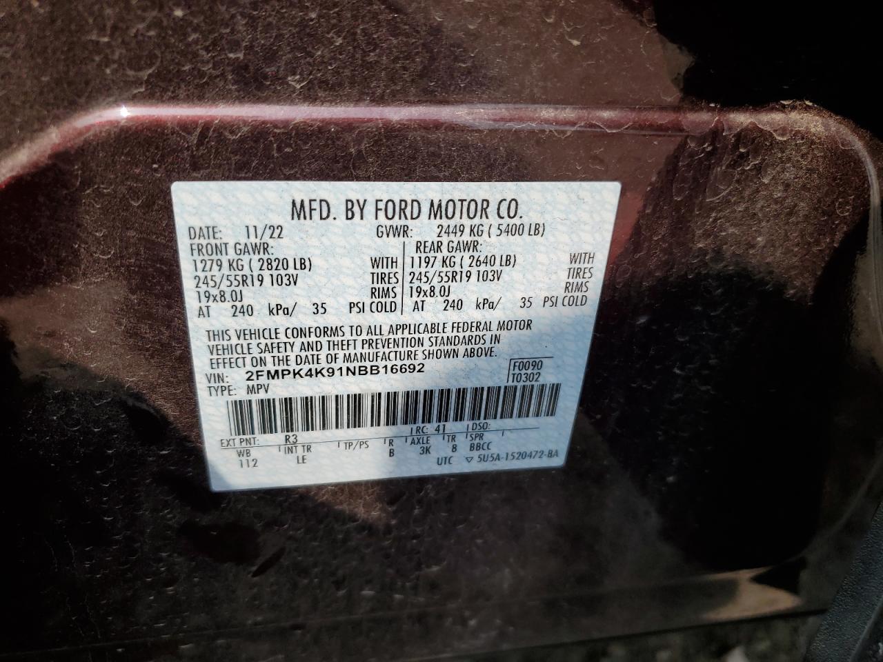 2022 FORD EDGE TITANIUM VIN:2FMPK4K91NBB16692