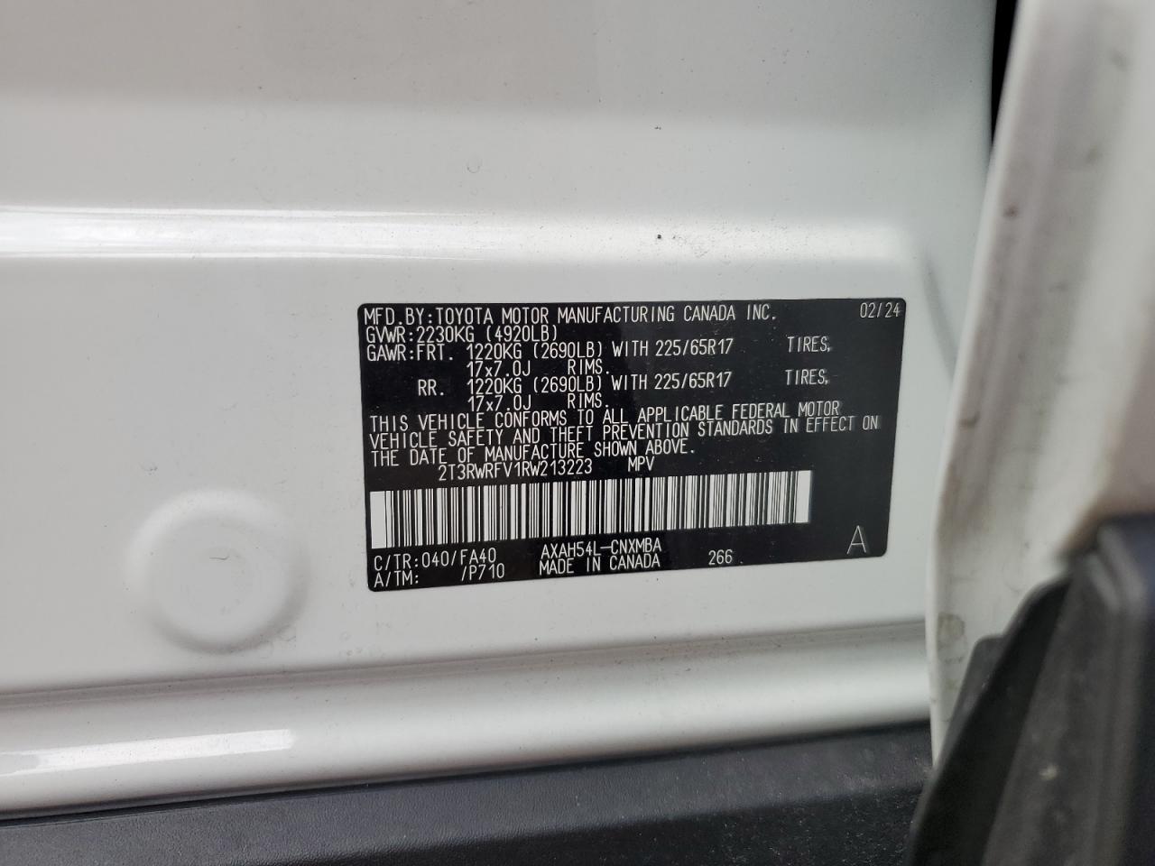 2024 TOYOTA RAV4 XLE VIN:2T3RWRFV1RW213223