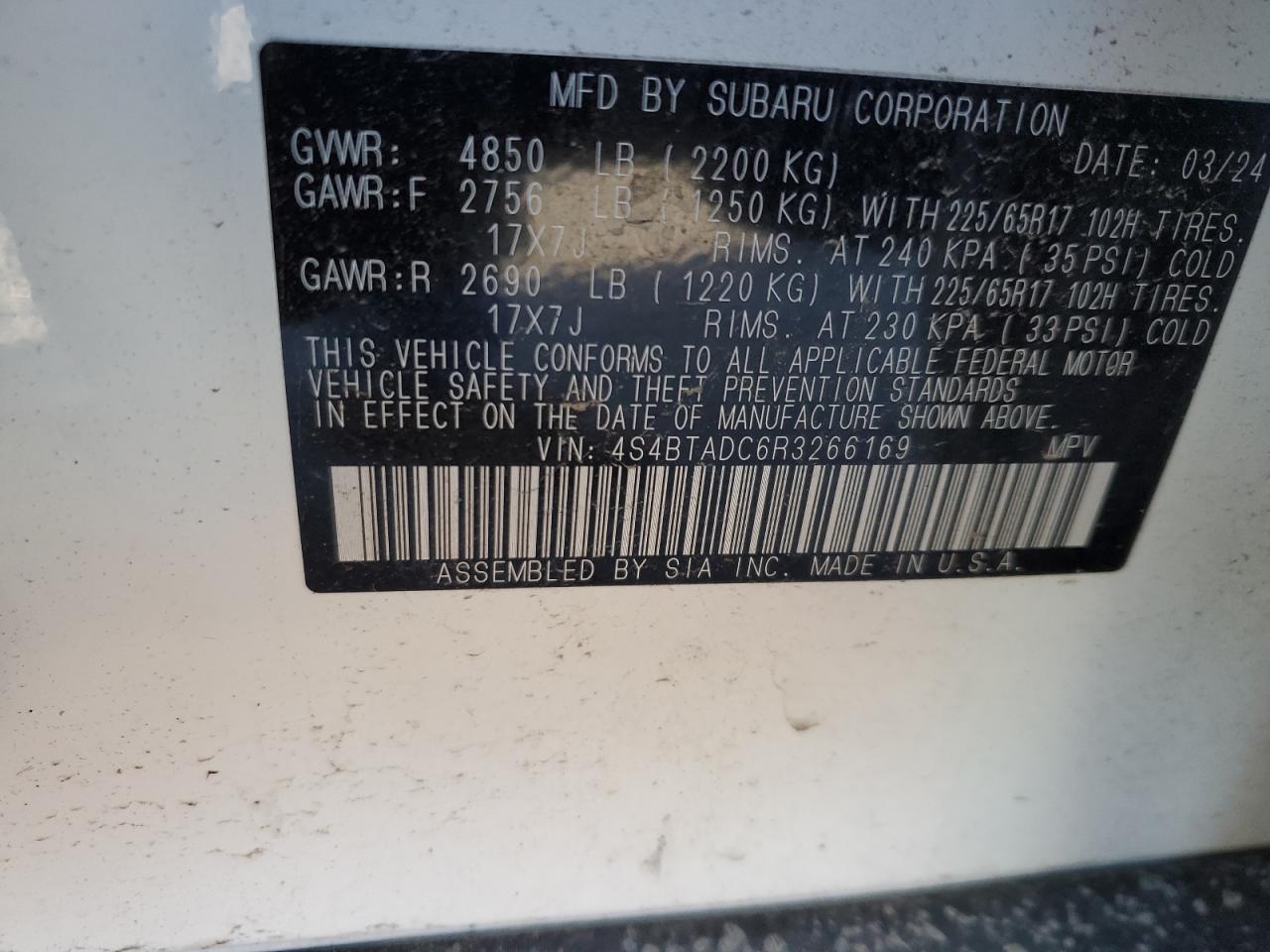 2024 SUBARU OUTBACK PREMIUM VIN:4S4BTADC6R3266169