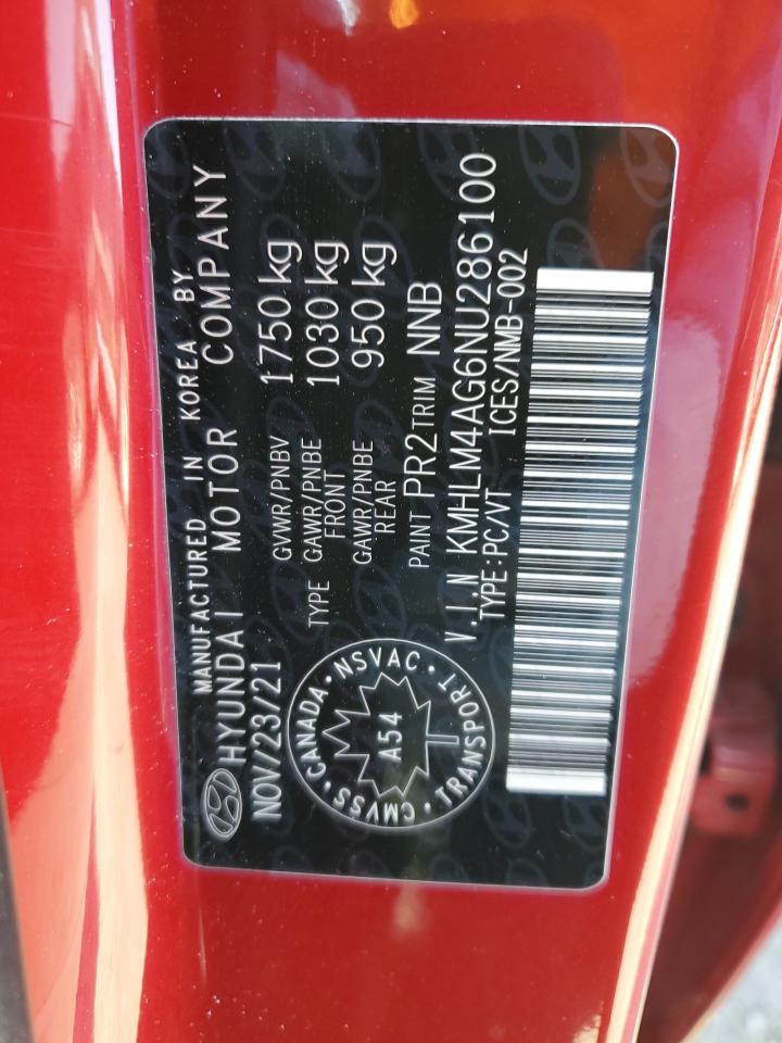 2022 HYUNDAI ELANTRA SEL VIN:KMHLM4AG6NU286100