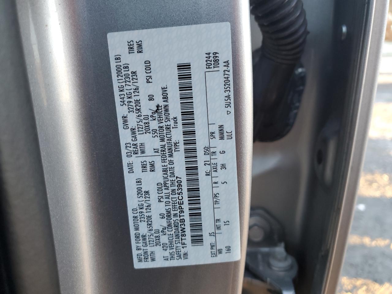 2023 FORD F350 SUPER DUTY VIN:1FT8W3BT9PEC53907