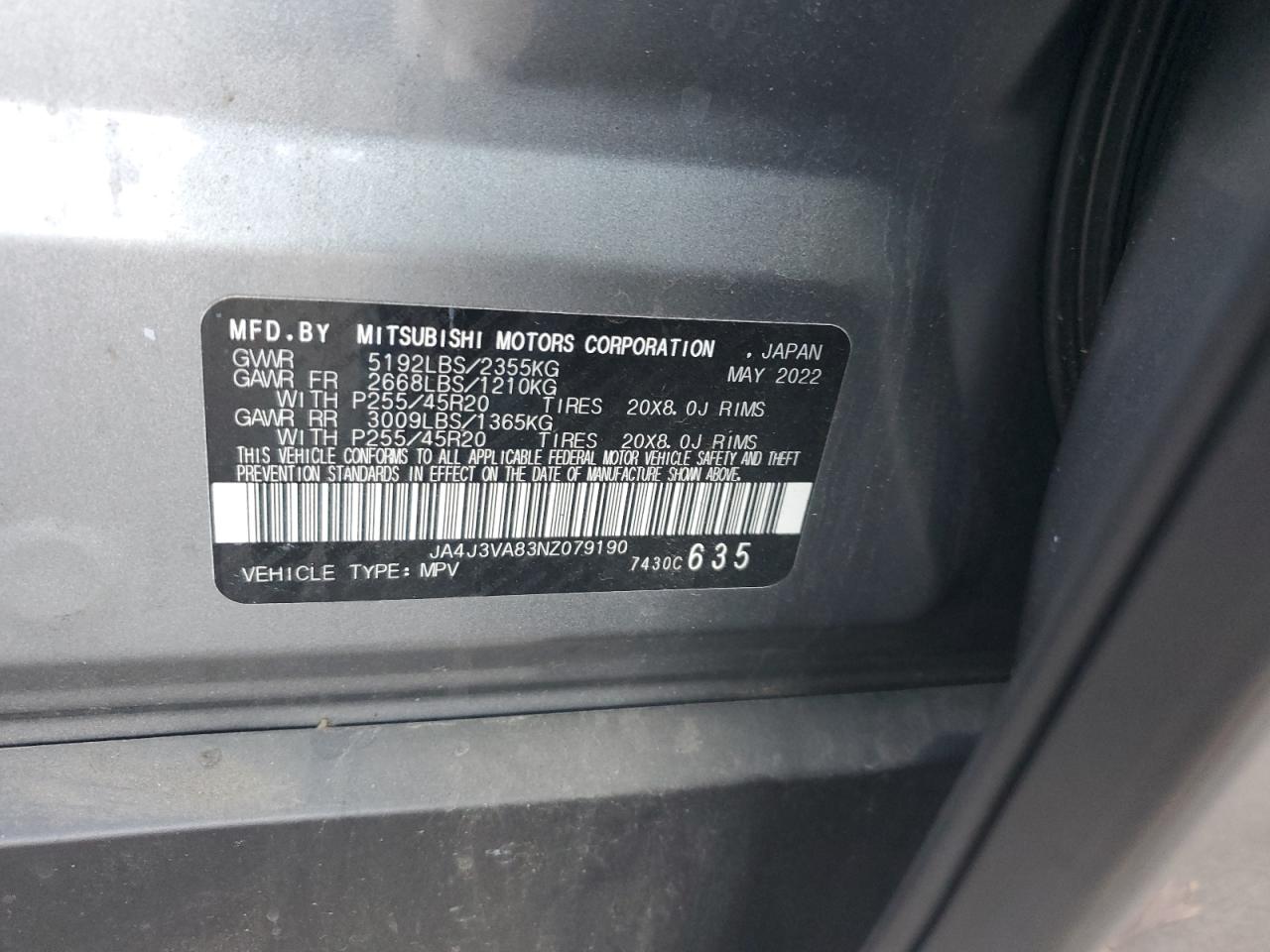 2022 MITSUBISHI OUTLANDER SEL VIN:JA4J3VA83NZ079190