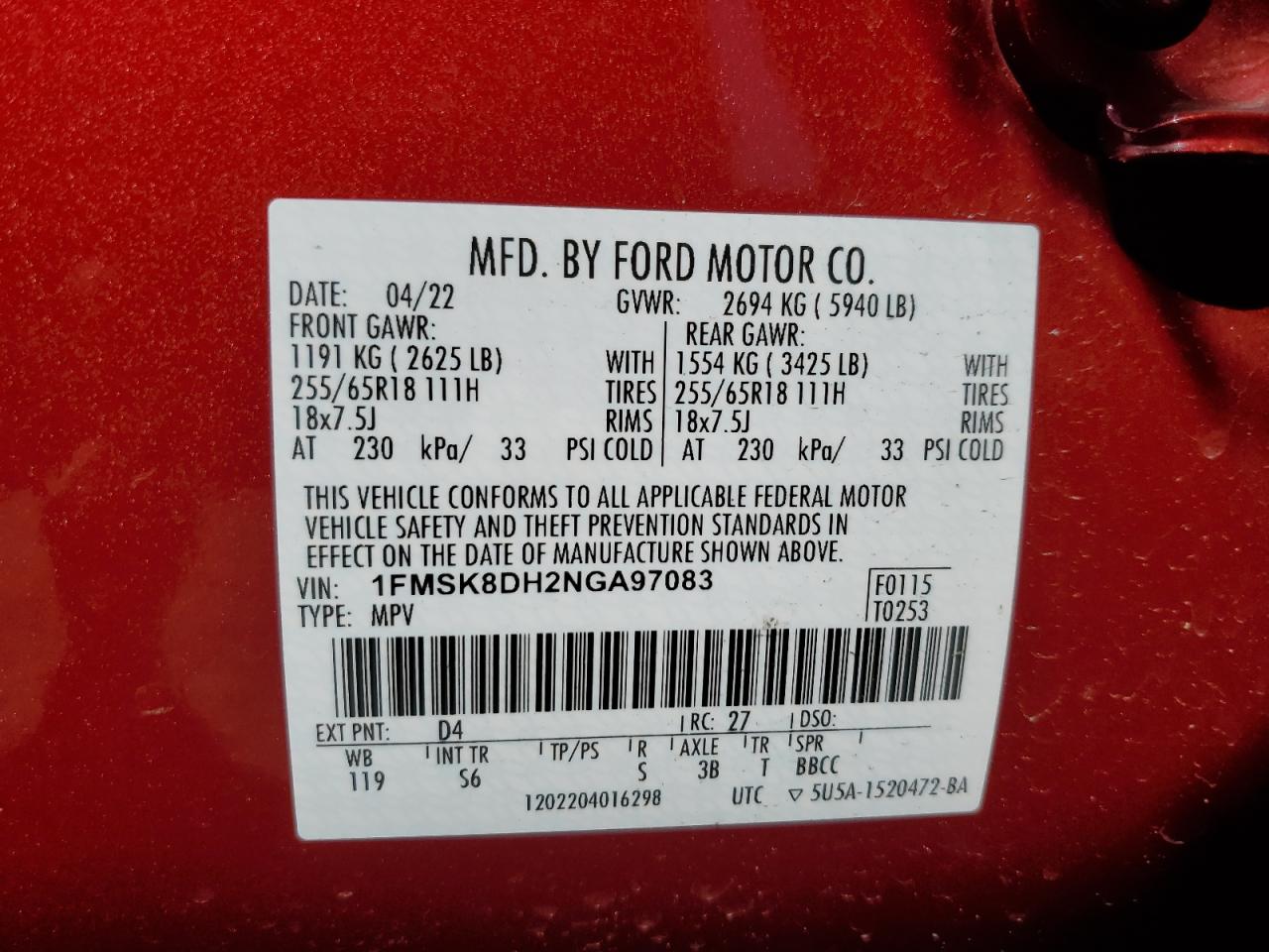2022 FORD EXPLORER XLT VIN:1FMSK8DH2NGA97083