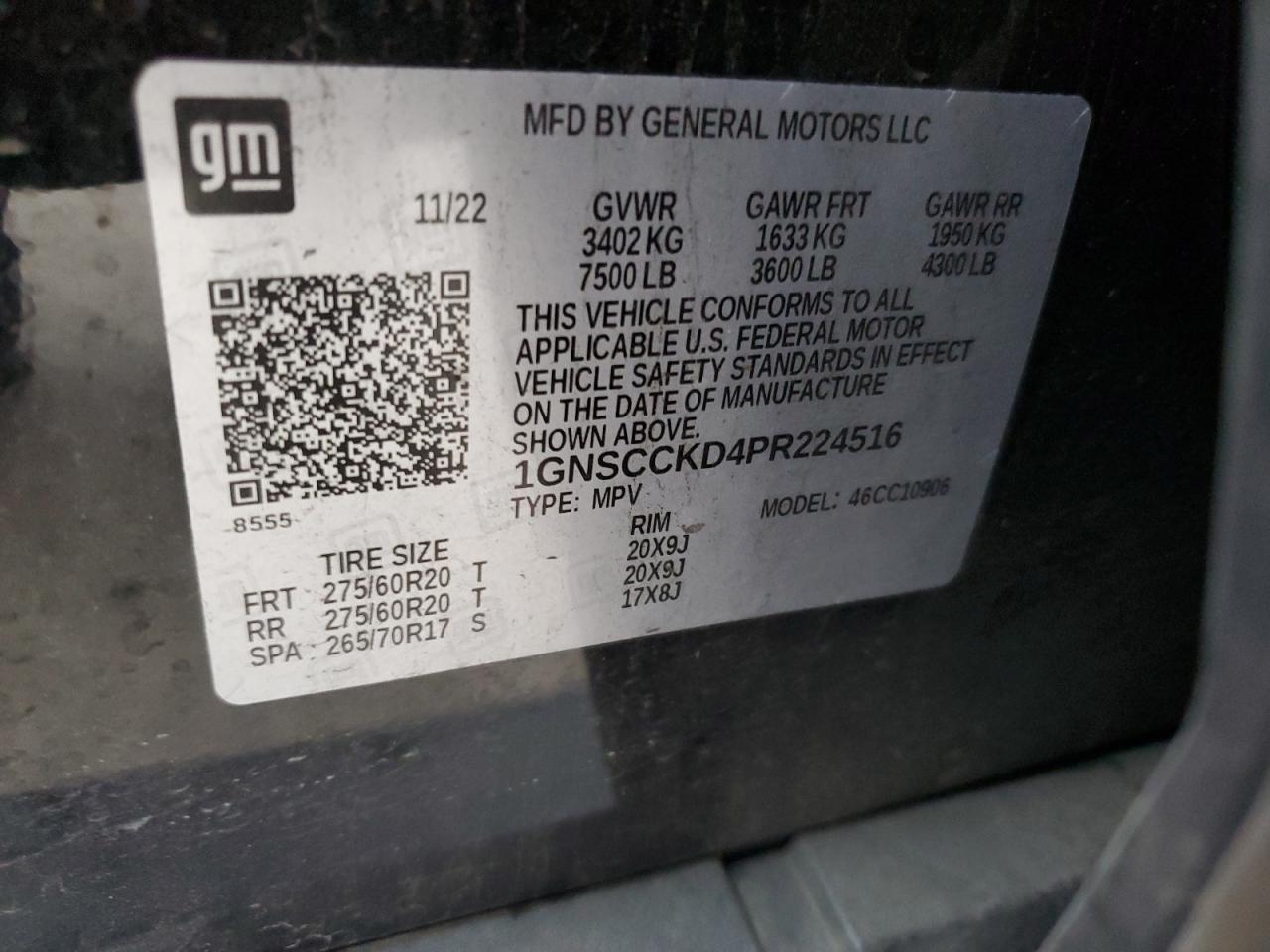 2023 CHEVROLET SUBURBAN C1500 LT VIN:1GNSCCKD4PR224516
