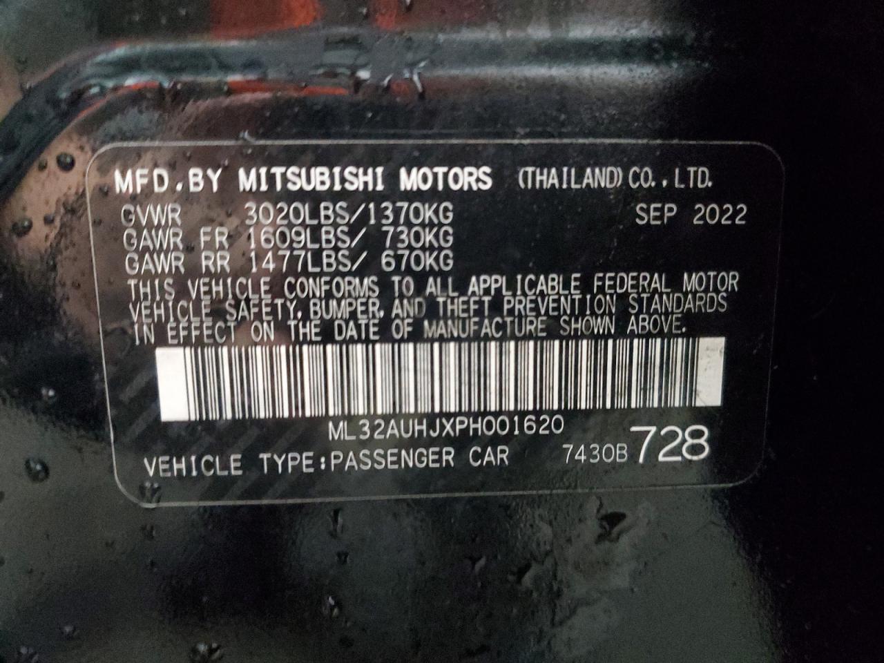 2023 MITSUBISHI MIRAGE ES VIN:ML32AUHJXPH001620