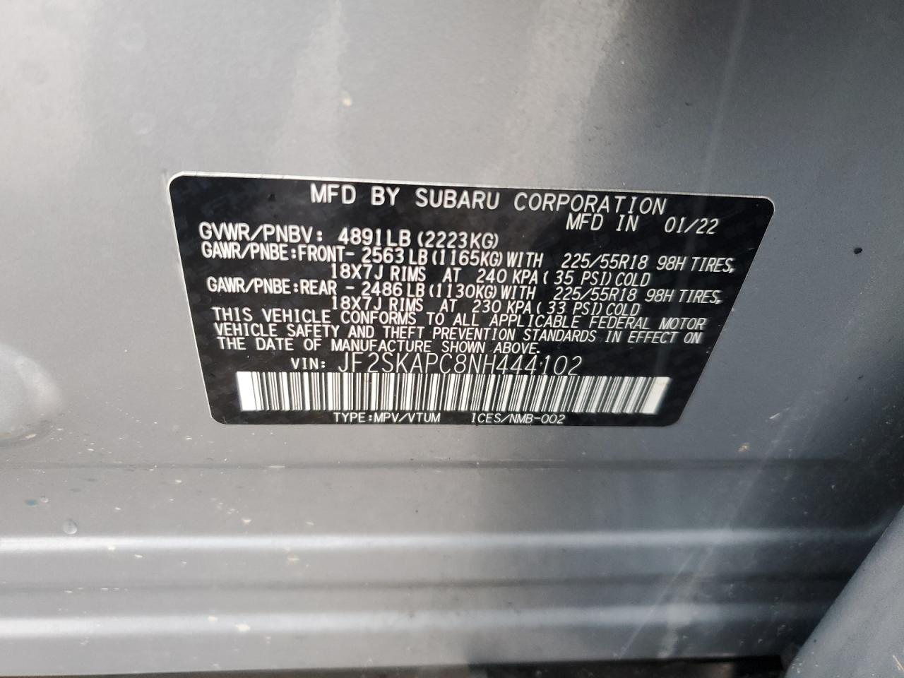 2022 SUBARU FORESTER LIMITED VIN:JF2SKAPC8NH444102