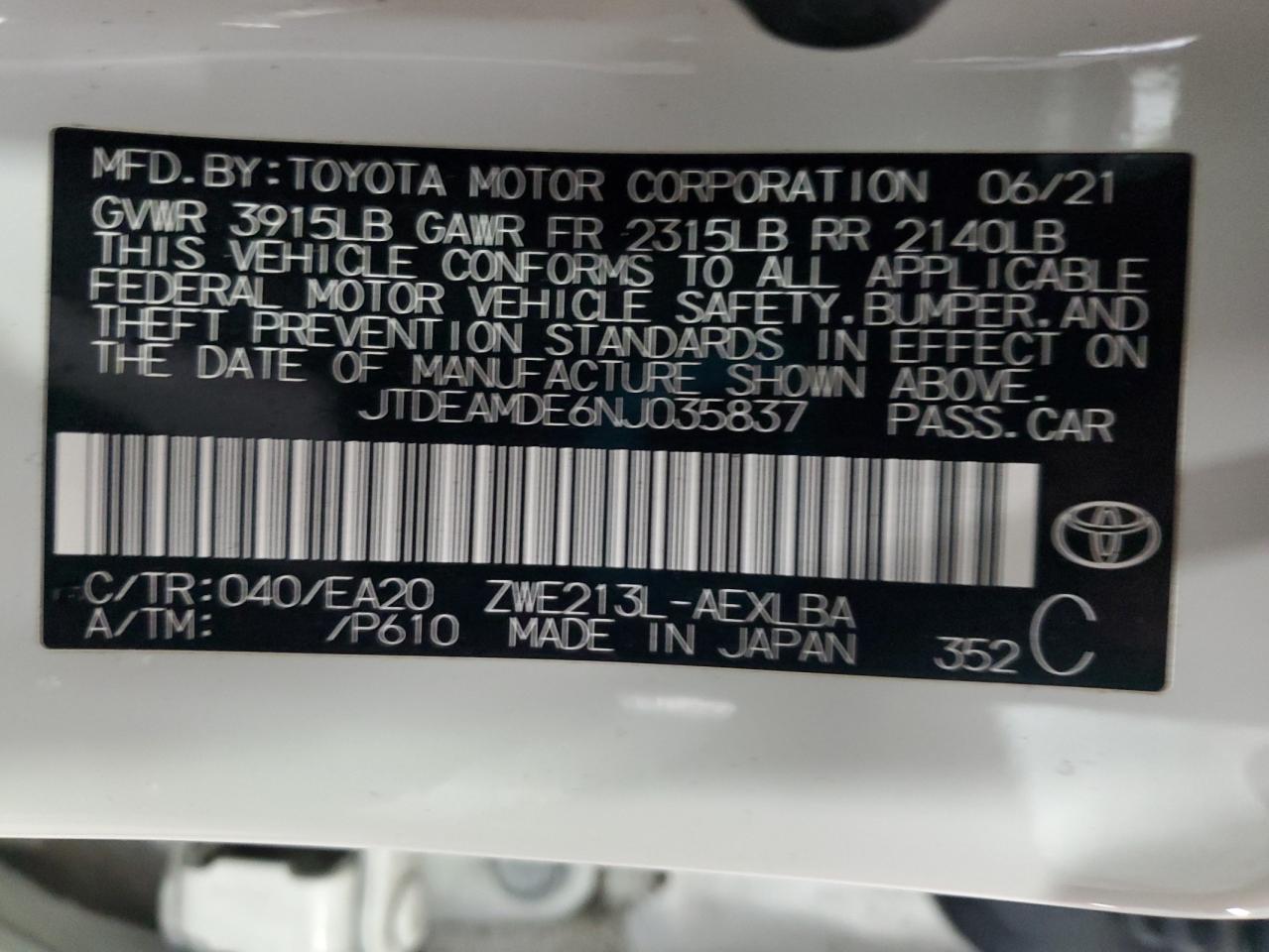 2022 TOYOTA COROLLA LE VIN:JTDEAMDE6NJ035837