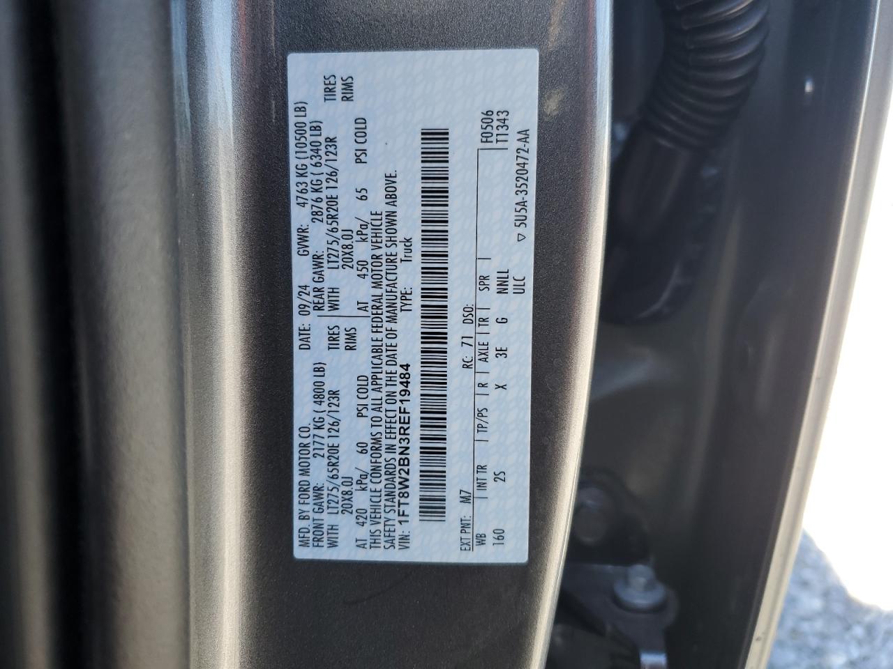 2024 FORD F250 SUPER DUTY VIN:1FT8W2BN3REF19484