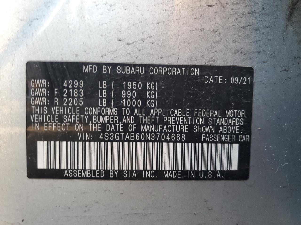 2022 SUBARU IMPREZA VIN:4S3GTAB60N3704668