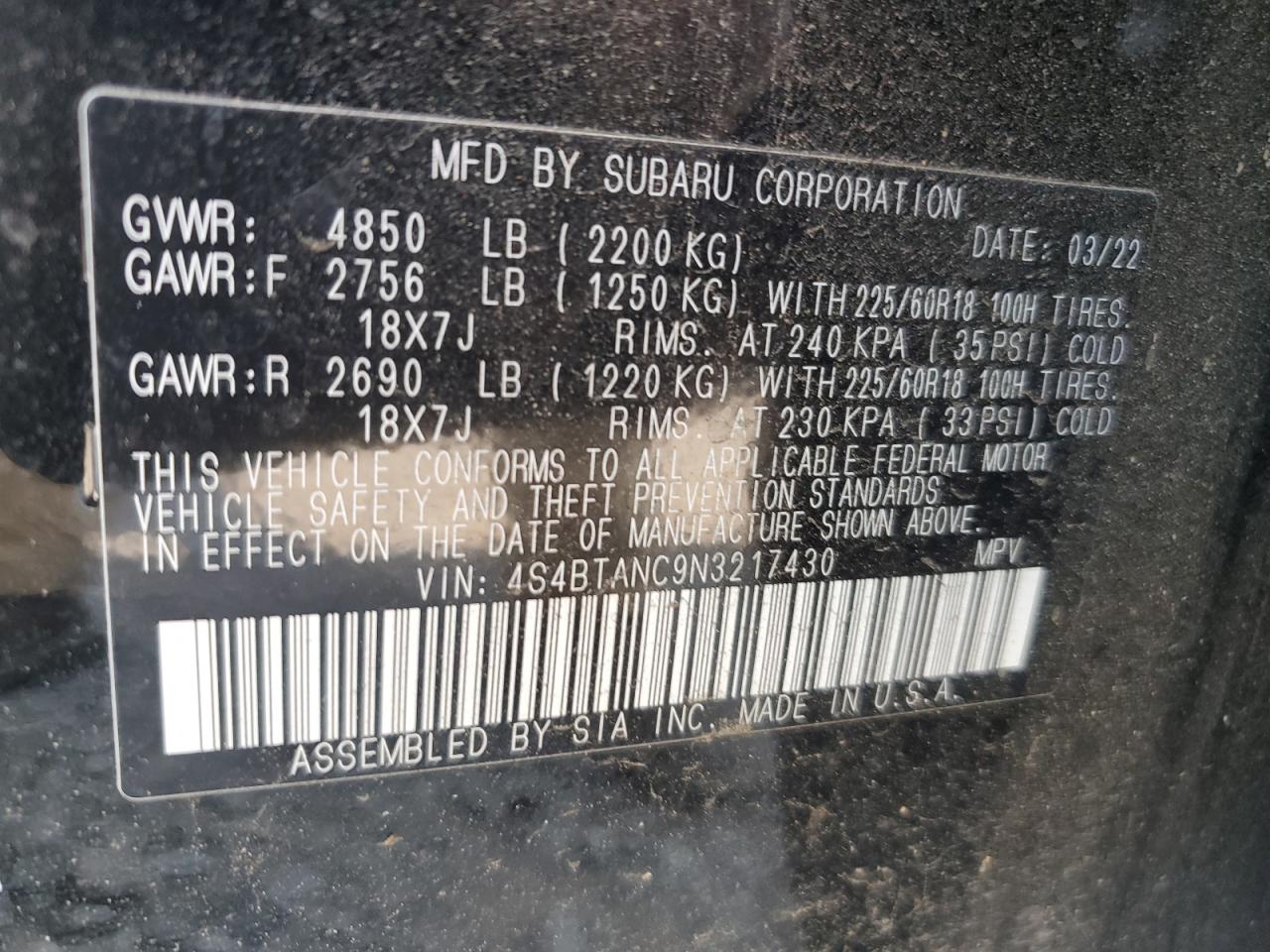 2022 SUBARU OUTBACK LIMITED VIN:4S4BTANC9N3217430