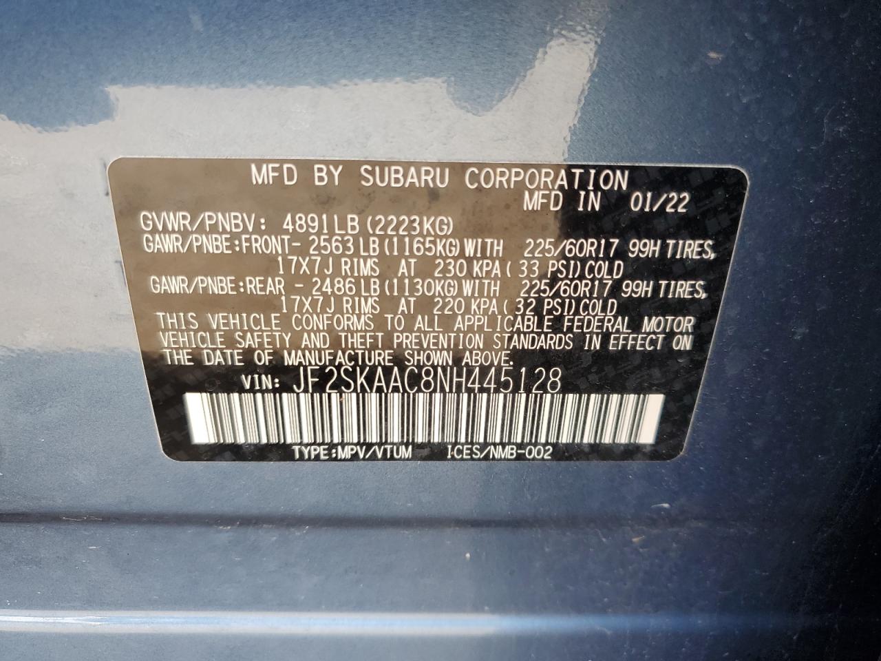 2022 SUBARU FORESTER VIN:JF2SKAAC8NH445128