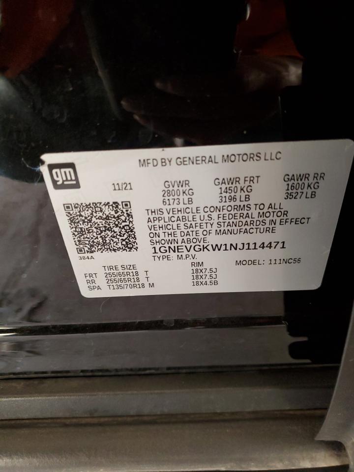 2022 CHEVROLET TRAVERSE LT VIN:1GNEVGKW1NJ114471