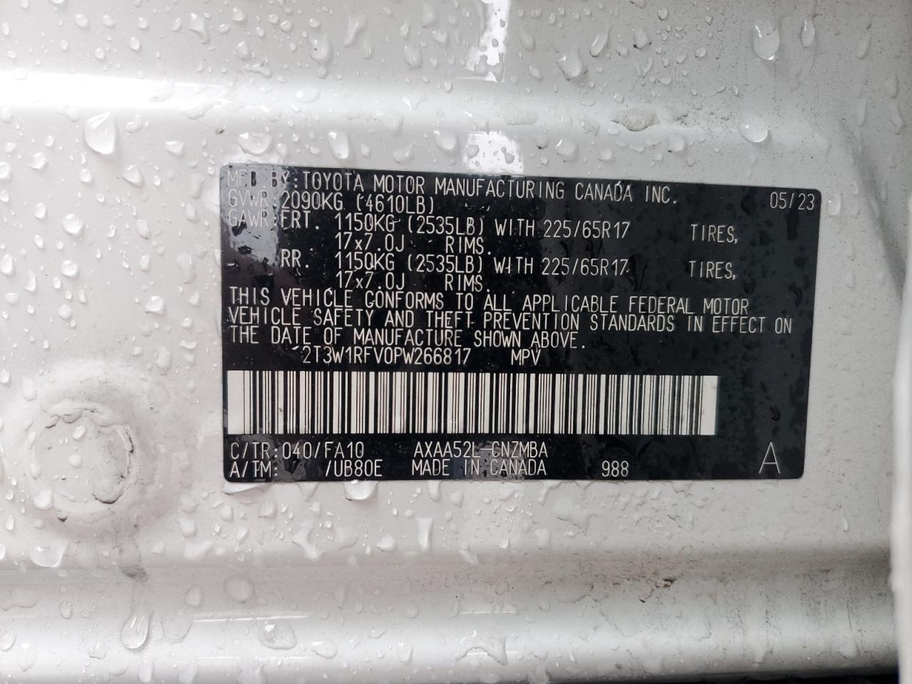 2023 TOYOTA RAV4 XLE VIN:2T3W1RFV0PW266817