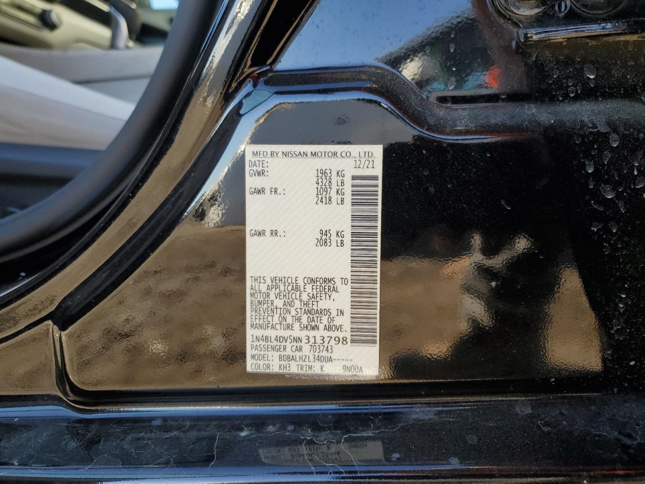 2022 NISSAN ALTIMA SV VIN:1N4BL4DV5NN313798