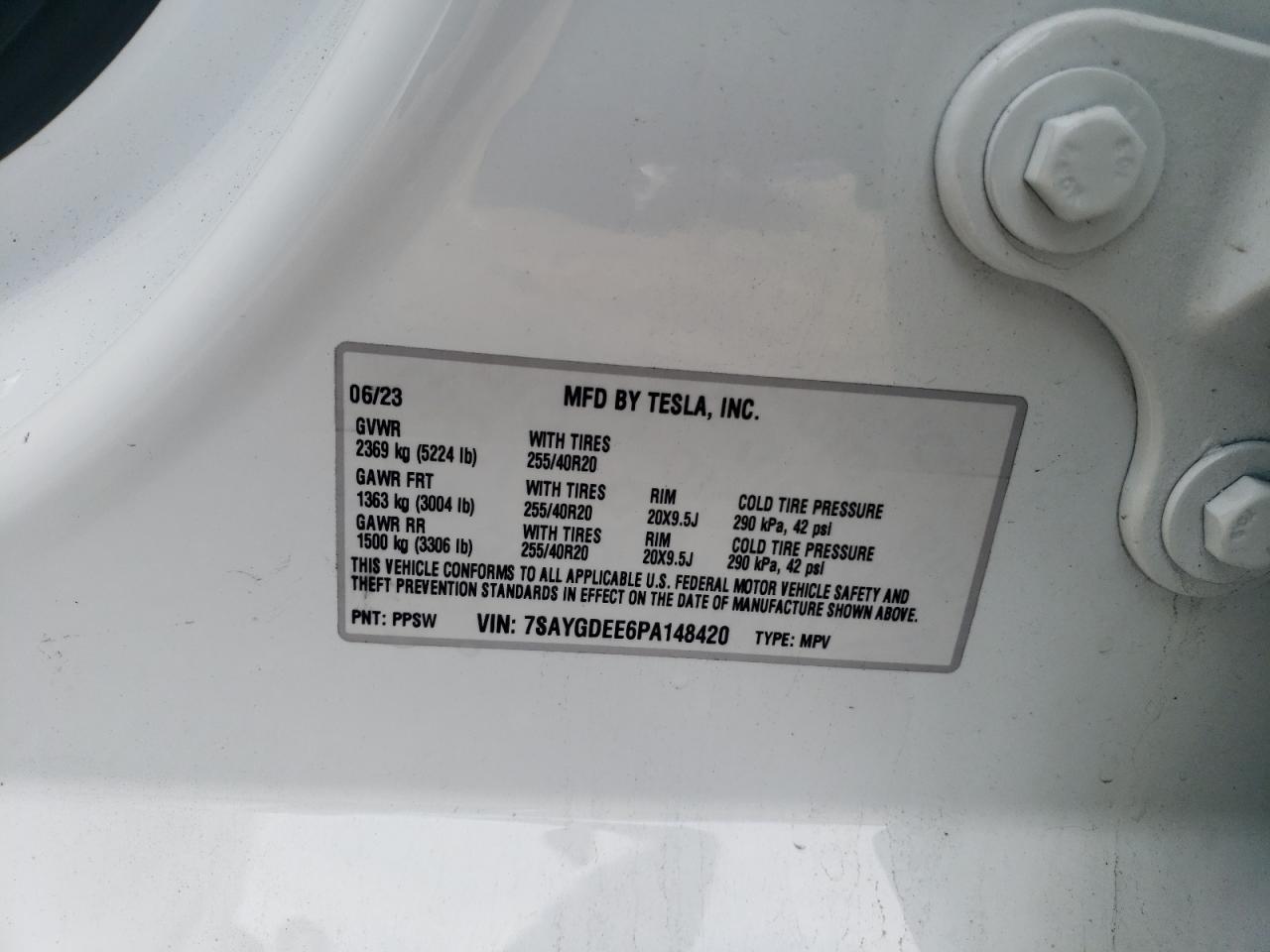 2023 TESLA MODEL Y VIN:7SAYGDEE6PA148420