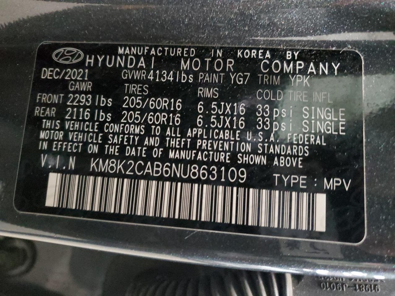 2022 HYUNDAI KONA SEL VIN:KM8K2CAB6NU863109
