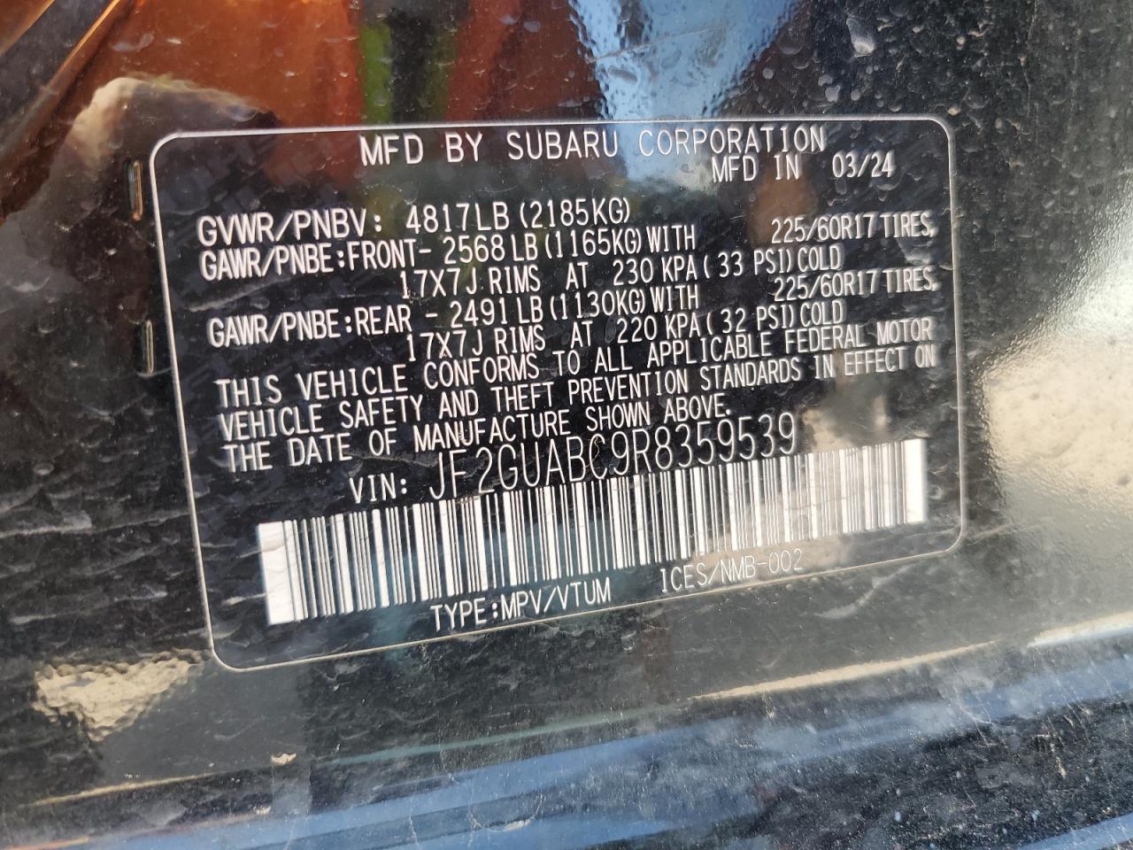 2024 SUBARU CROSSTREK VIN:JF2GUABC9R8359539