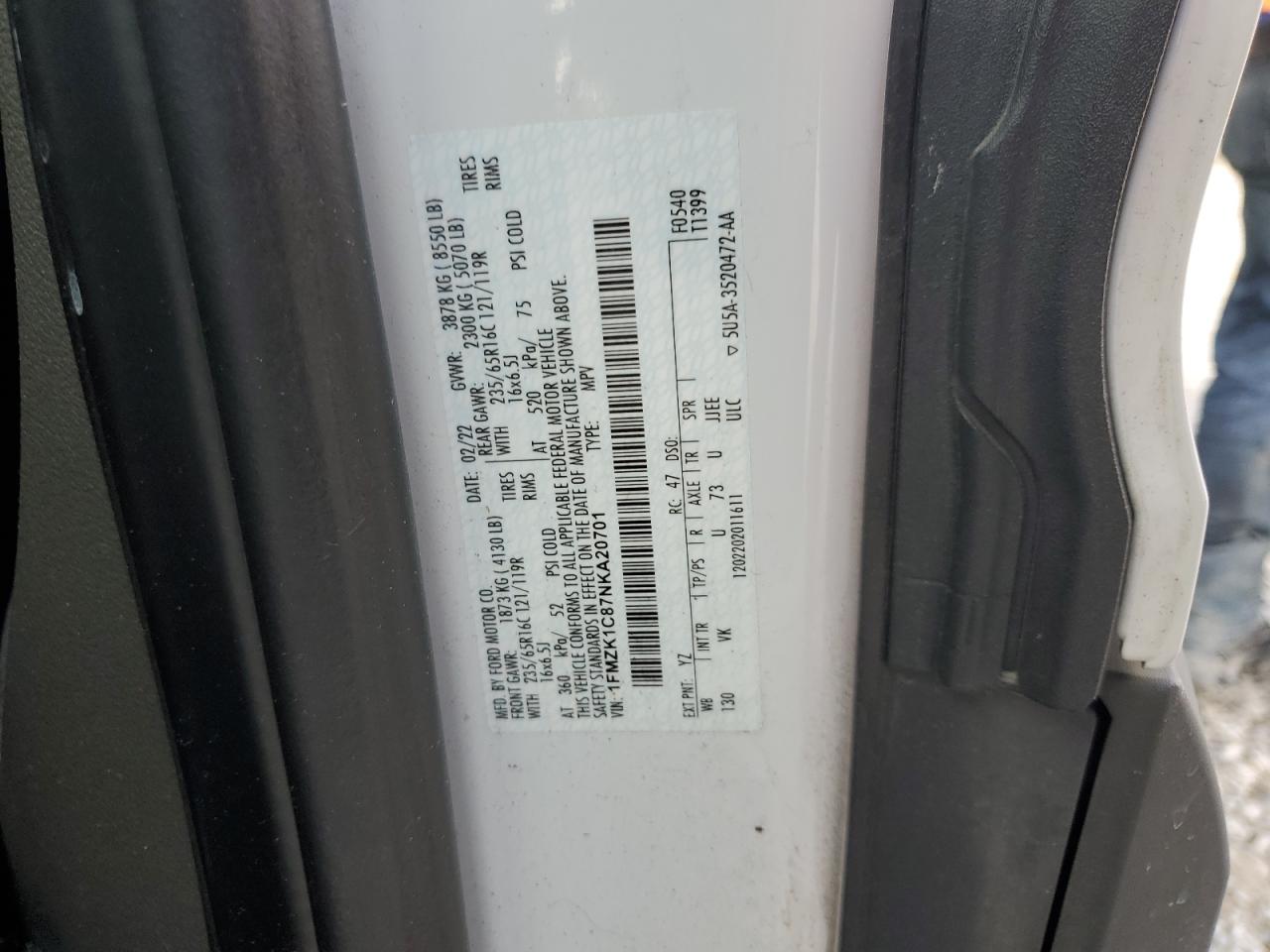 2022 FORD TRANSIT T-150 VIN:1FMZK1C87NKA20701