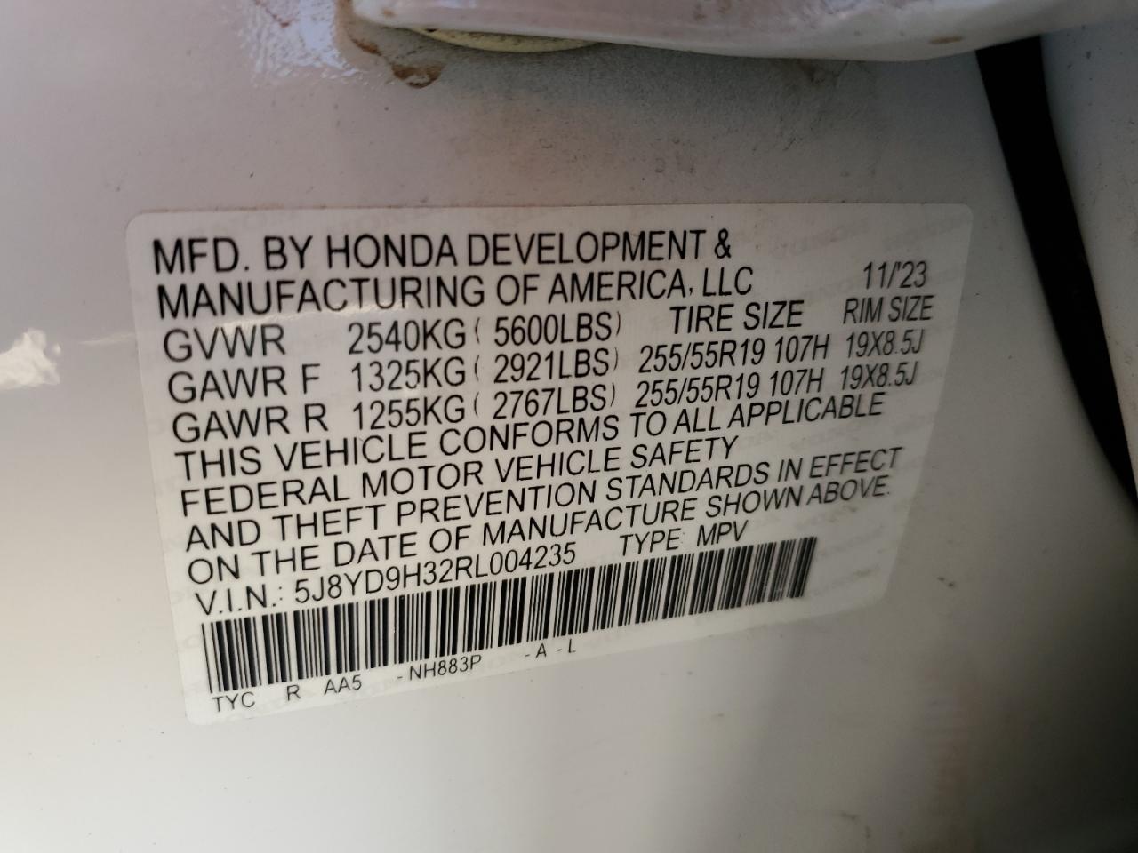 2024 ACURA MDX VIN:5J8YD9H32RL004235