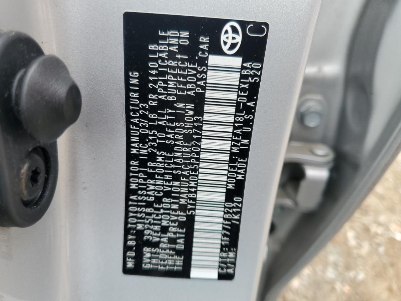 2023 TOYOTA COROLLA LE VIN:5YFB4MDE5PP021713