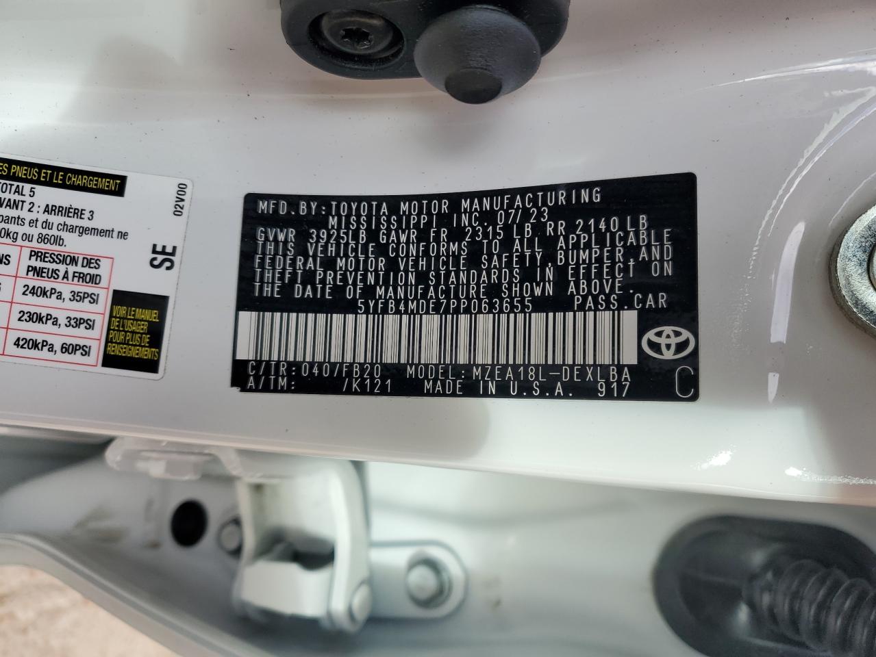 2023 TOYOTA COROLLA LE VIN:5YFB4MDE7PP063655