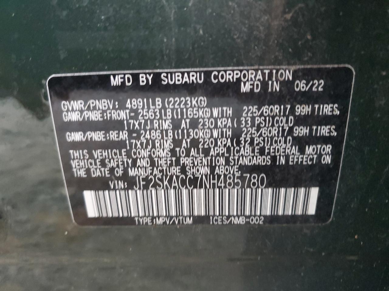 2022 SUBARU FORESTER VIN:JF2SKACC7NH485780