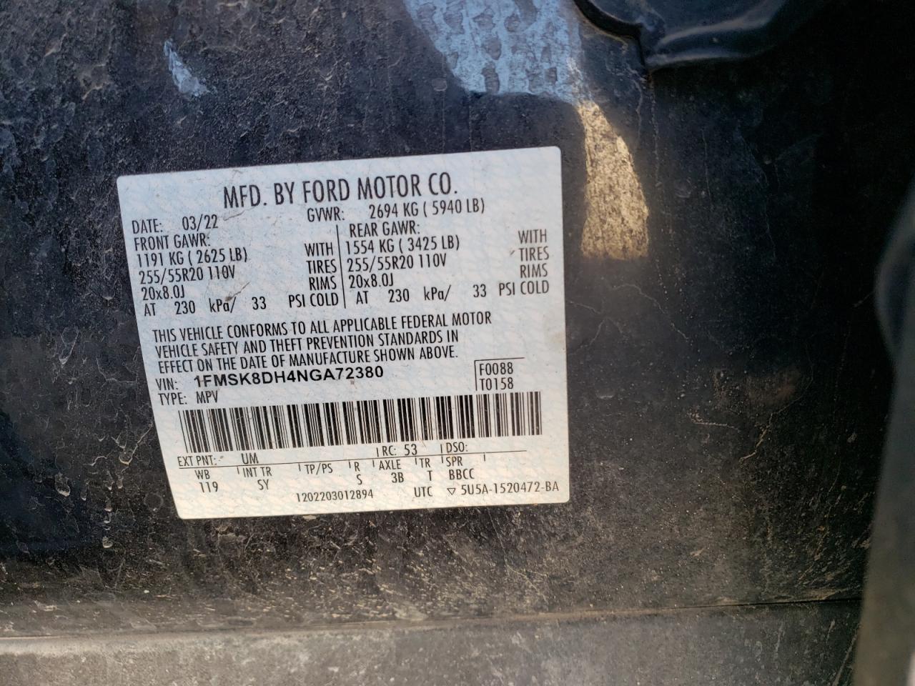 2022 FORD EXPLORER XLT VIN:1FMSK8DH4NGA72380