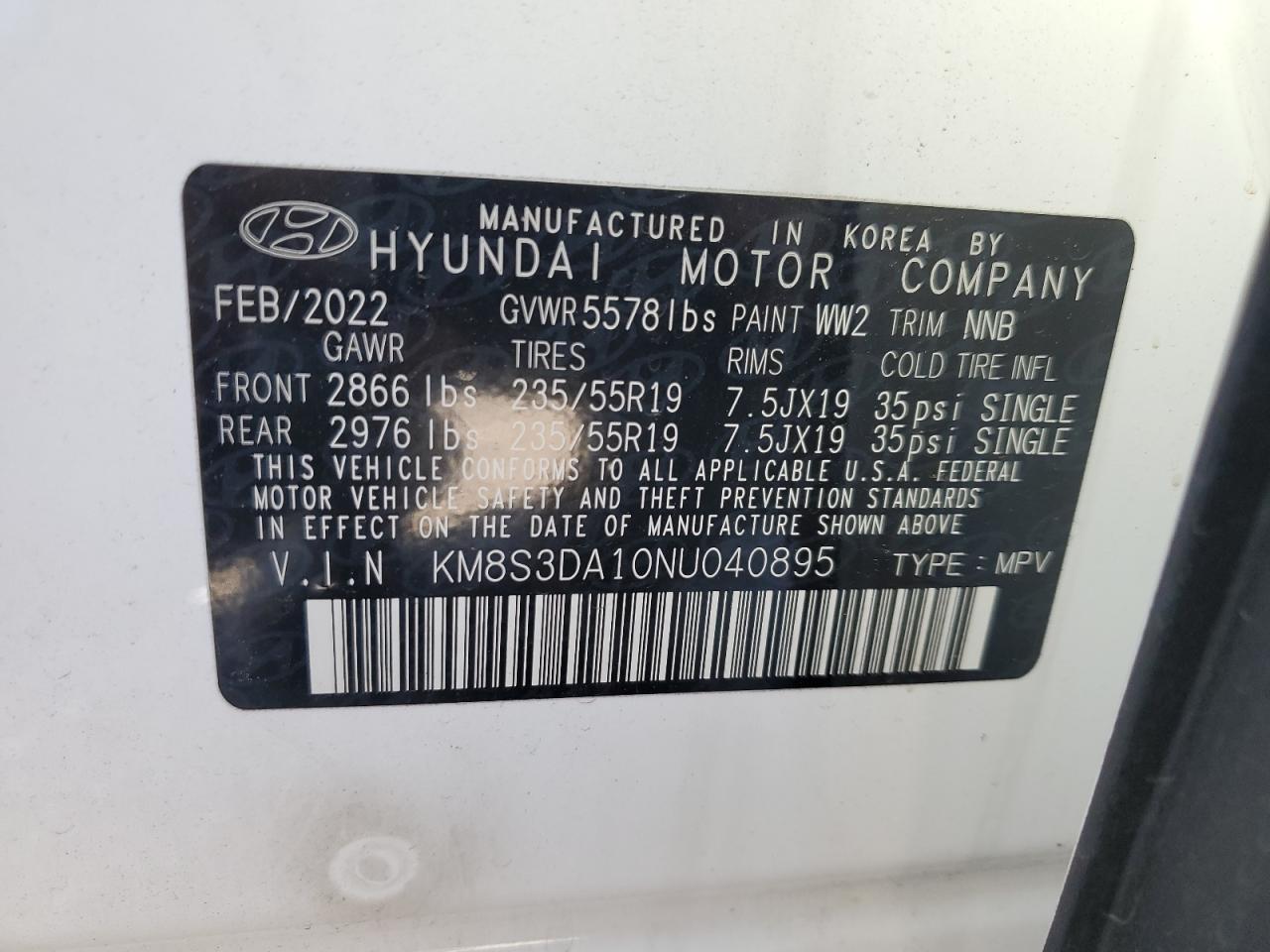 2022 HYUNDAI SANTA FE SEL PREMIUM VIN:KM8S3DA10NU040895