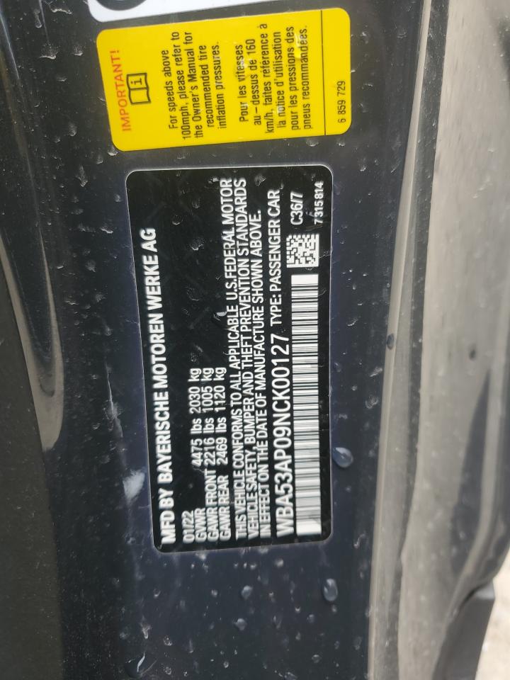 2022 BMW 430I VIN:WBA53AP09NCK00127