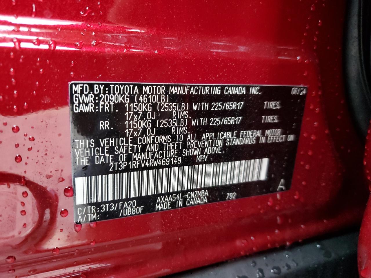 2024 TOYOTA RAV4 XLE VIN:2T3P1RFV4RW469149