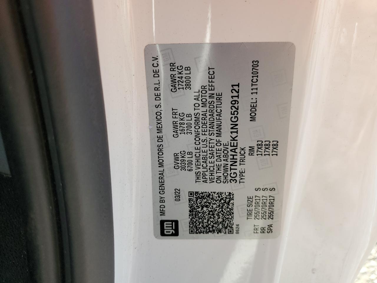 2022 GMC SIERRA C1500 VIN:3GTNHAEK1NG529121