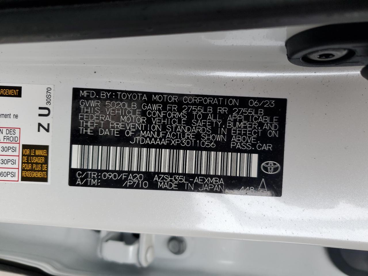 2023 TOYOTA CROWN XLE VIN:JTDAAAAFXP3011056