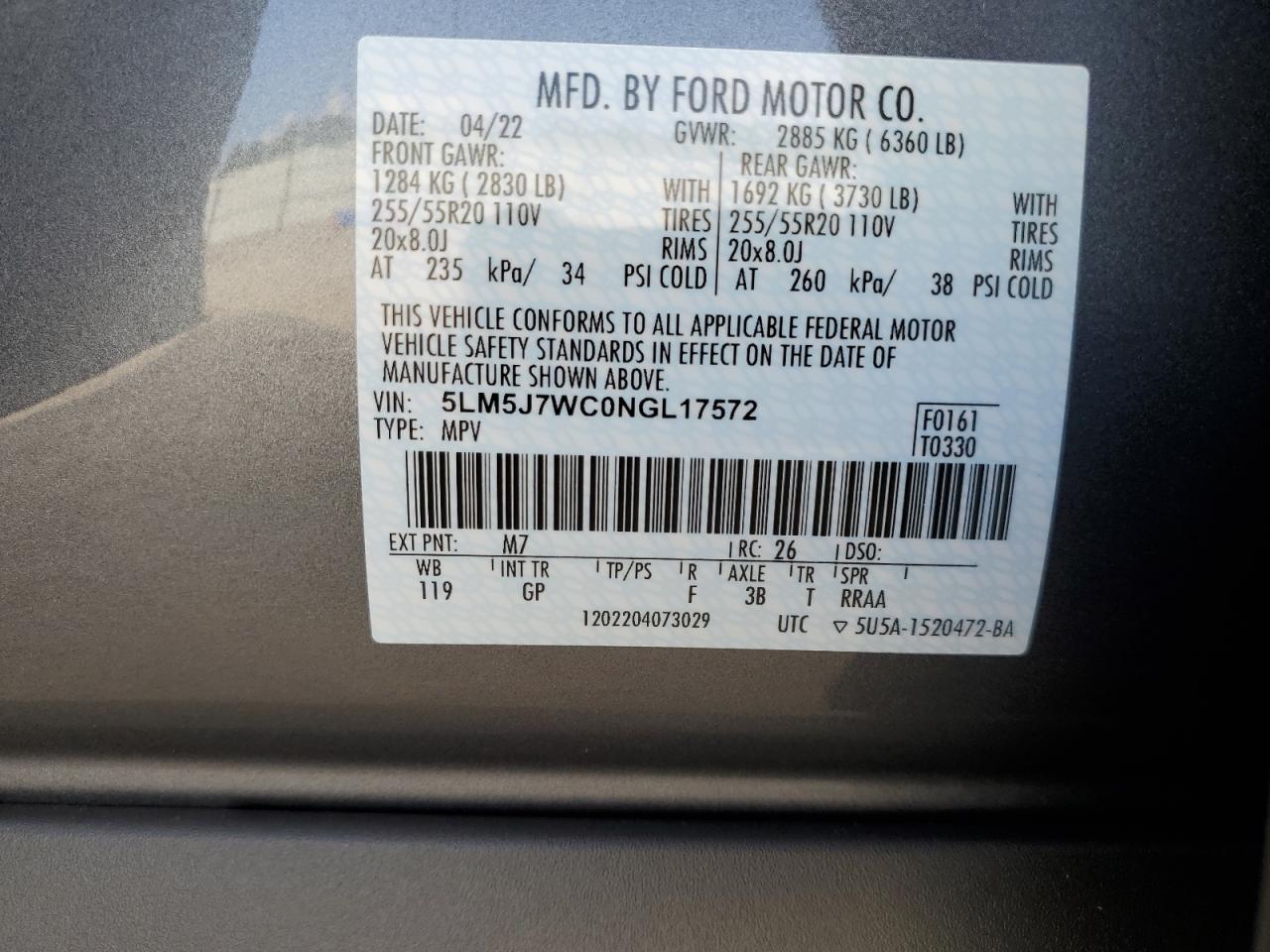 2022 LINCOLN AVIATOR RESERVE VIN:5LM5J7WC0NGL17572