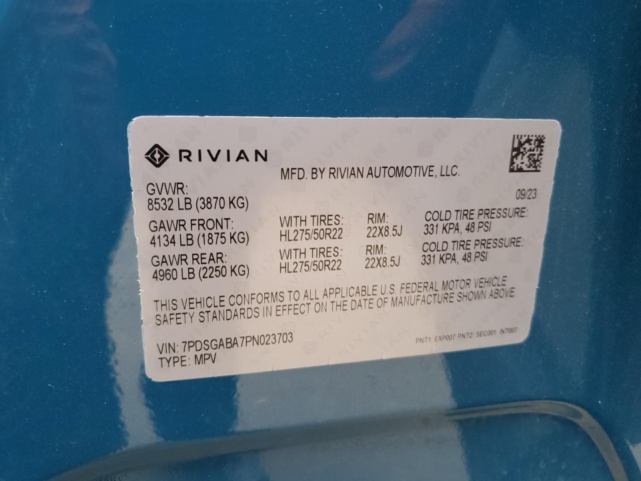 2023 RIVIAN R1S ADVENTURE VIN:7PDSGABA7PN023703